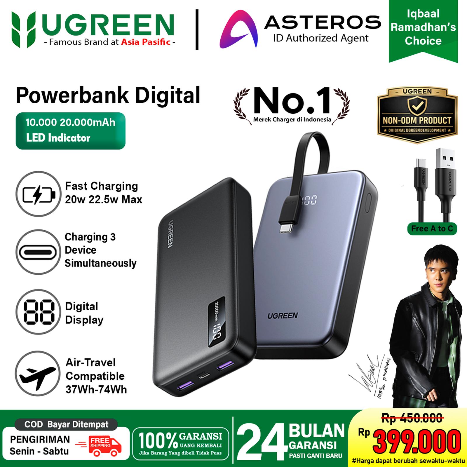 Power Bank UGREEN 10000mAh PD 22.5W Fast Charging Kabel Built-in Gray — Handphone & Tablet