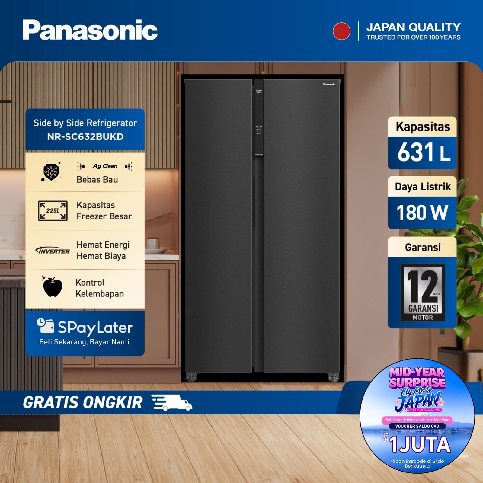 Panasonic Kulkas Side by Side NR-SC632BUKD 631L Inverter 2 Pintu — Elektronik