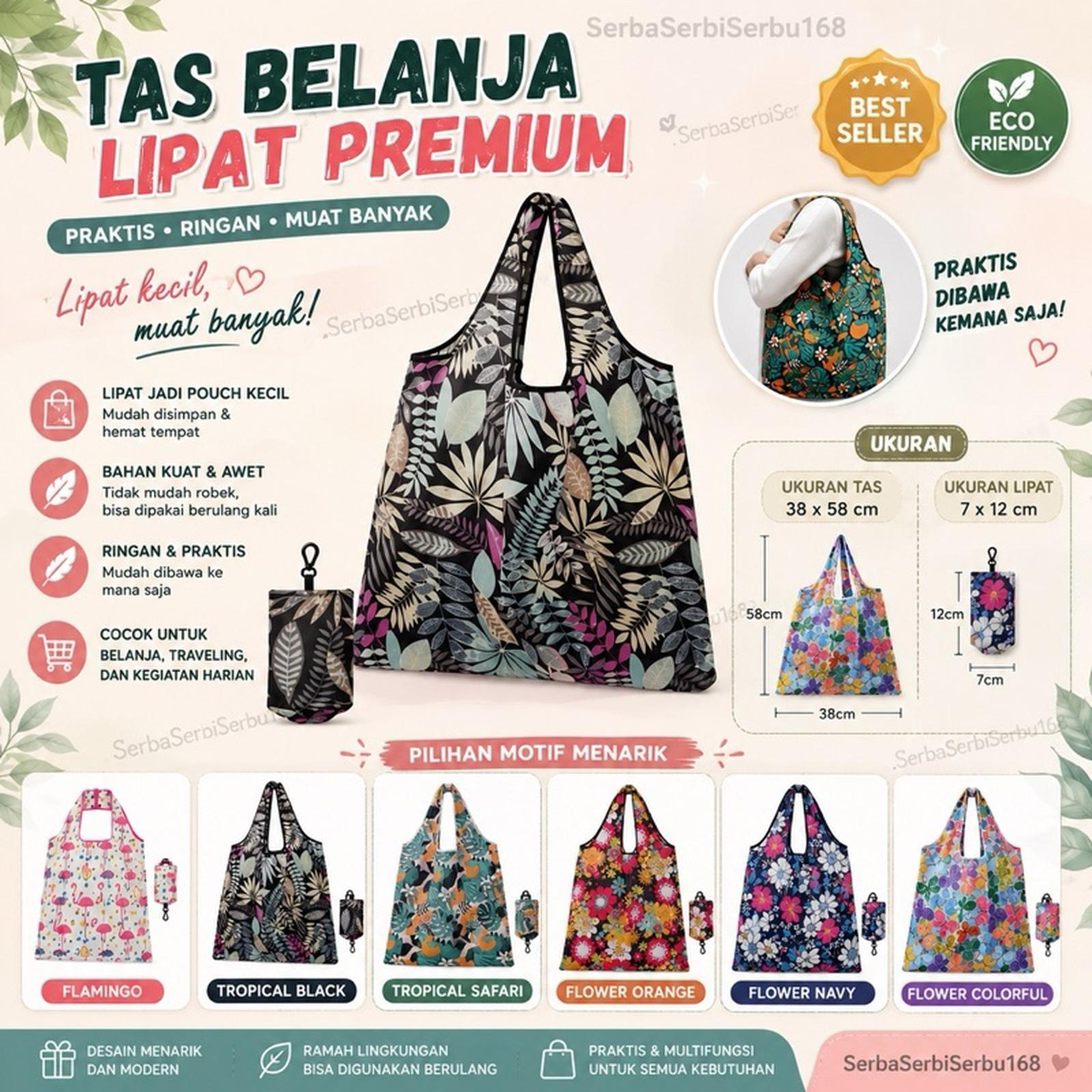 Tas Belanja Lipat Serbaguna Reusable Tahan Air Bahan Parasut Motif Random — Rumah Tangga