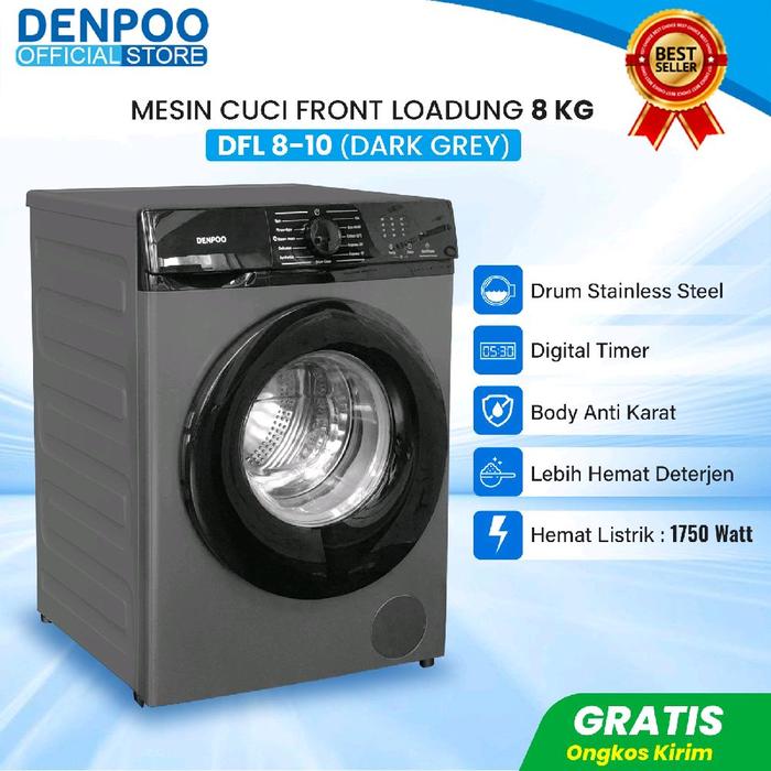 Denpoo Mesin Cuci Front Loading DFL 810 Kapasitas 8 Kg Warna Abu — Elektronik