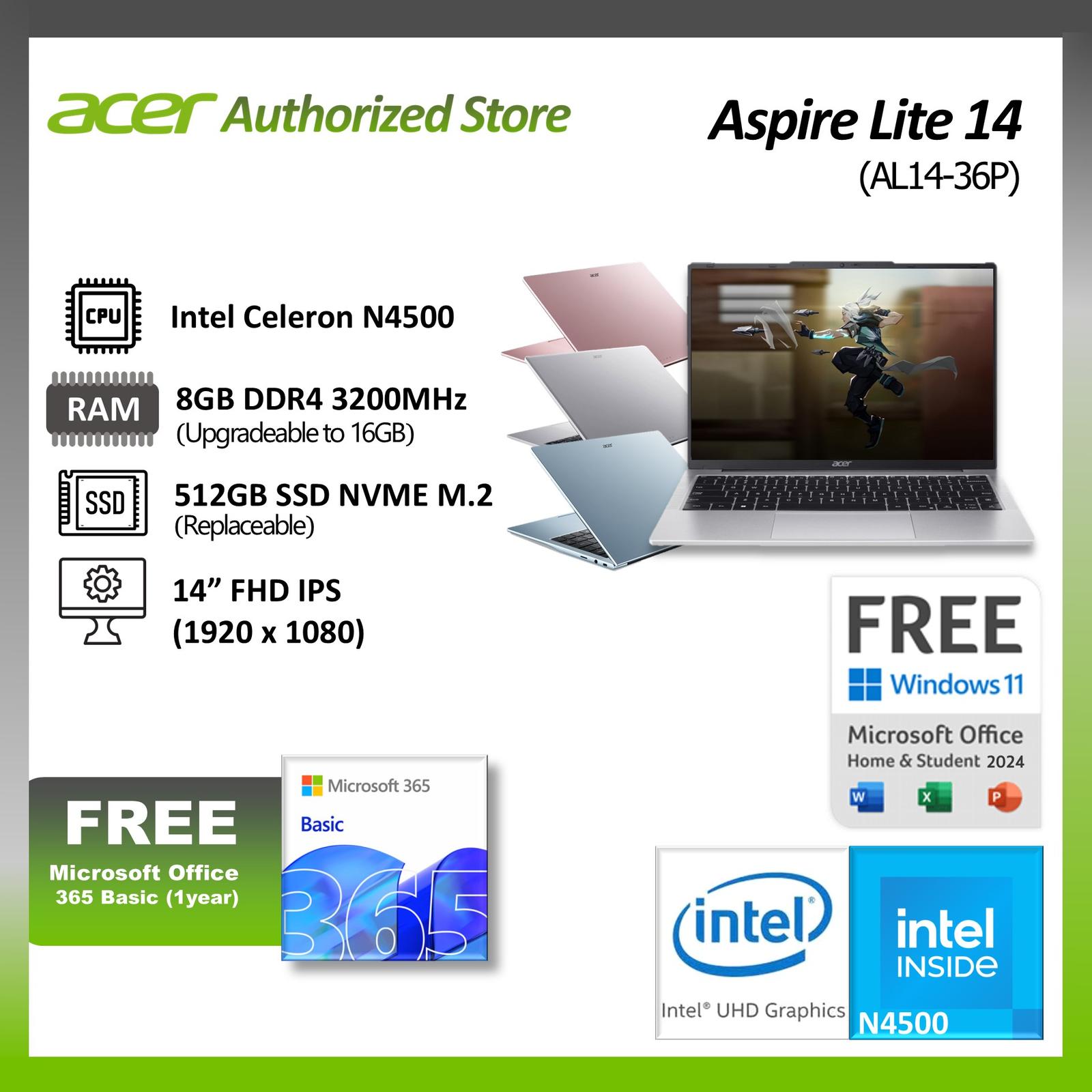Laptop Acer Aspire Lite 14 AL14-36P Intel N4500 8GB SSD 14 FHD IPS Windows 11 Home — Komputer & Laptop