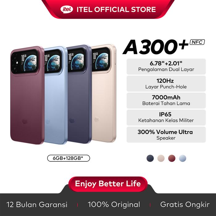 itel A300+ 6/128 GB Dua Layar Interaktif, Baterai 7000 mAh, IP65 - Deep Cherry — Handphone & Tablet