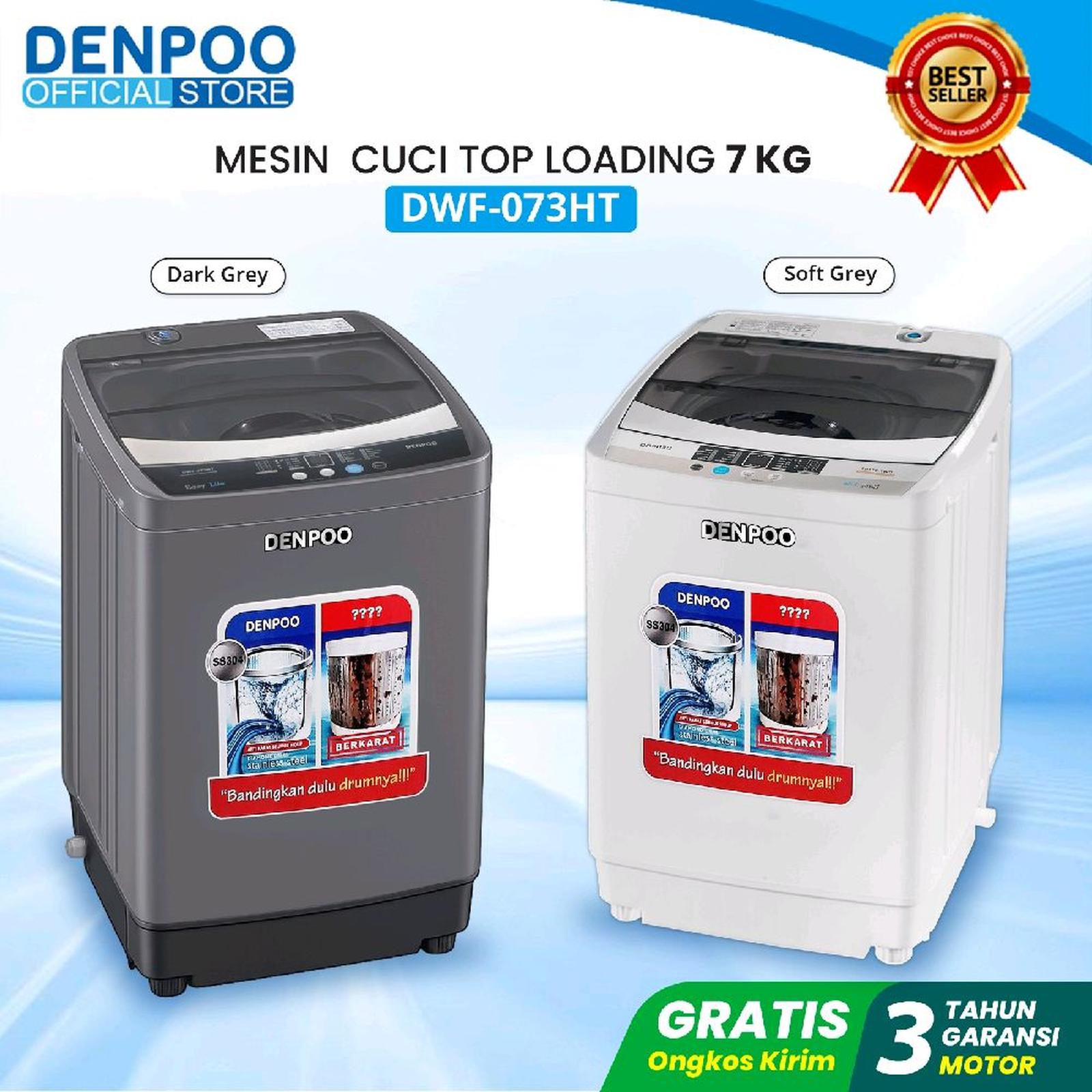 Mesin Cuci Denpoo DWF 073 HT 1 Tabung Top Loading 7 Kg Soft Grey — Elektronik