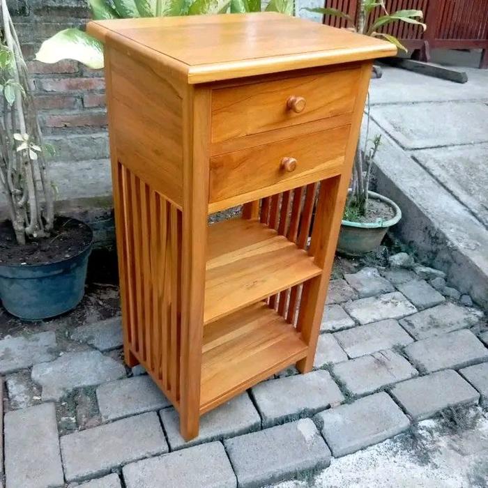 Nakas Kayu Jati 2 Laci Kunci Ukuran 40x30x75 cm Finishing Elegan — Tempat Tidur
