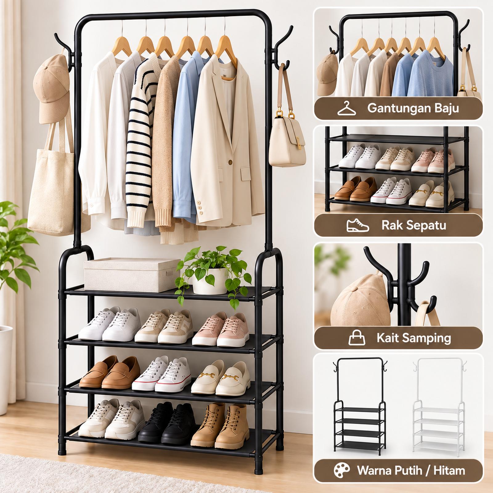 Stand Hanger Rak Baju Gantung Besi 4 Susun Multifungsi Anti Karat Putih — Rumah Tangga