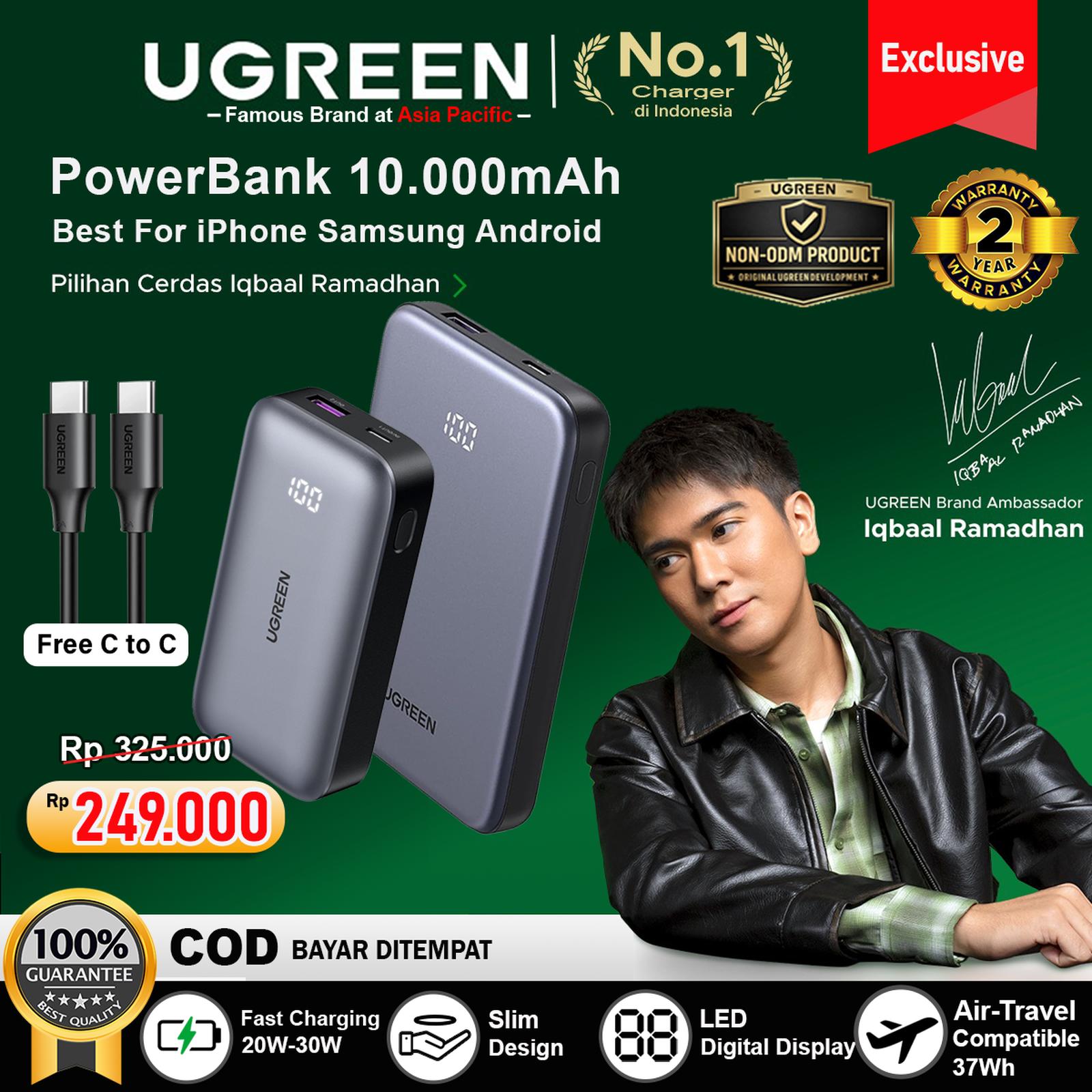 UGREEN Power Bank 75131B 10.000mAh Slim PD Type C Fast Charging 20W — Handphone & Tablet