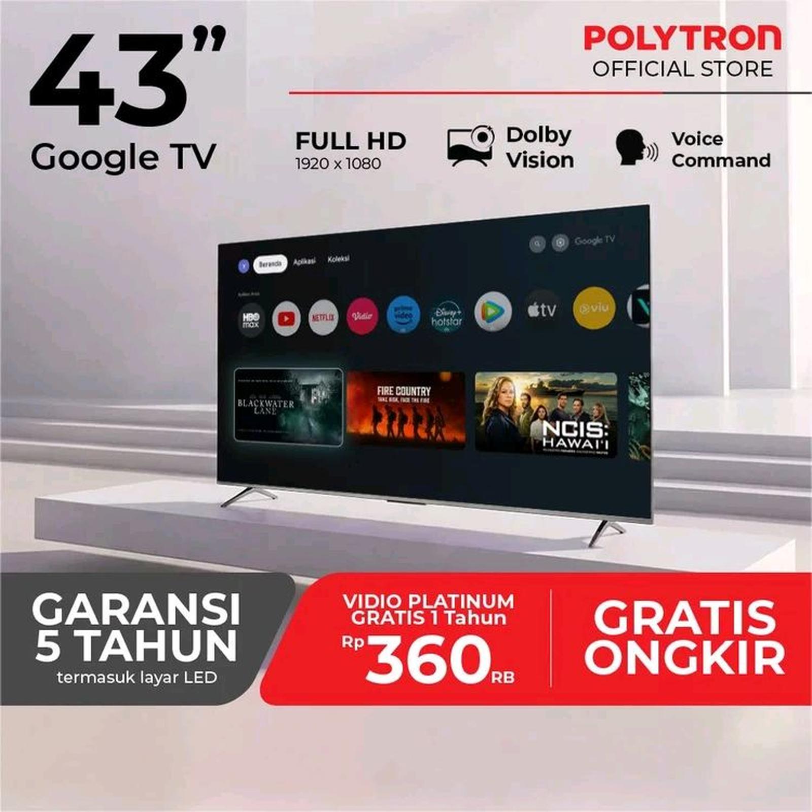 Polytron 43 Inch Google TV 4K UHD Dolby Vision Audio Voice Command Baru — Elektronik