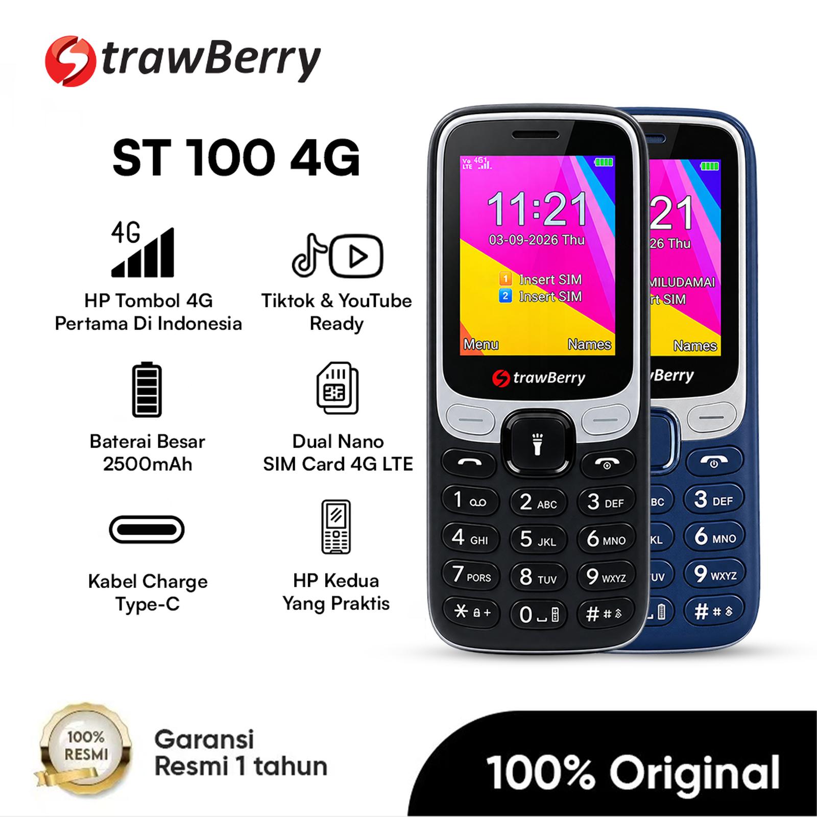 Strawberry ST100 HP Jadul 4G Dual SIM Baterai 2500mAh Type-C - Hitam — Handphone & Tablet