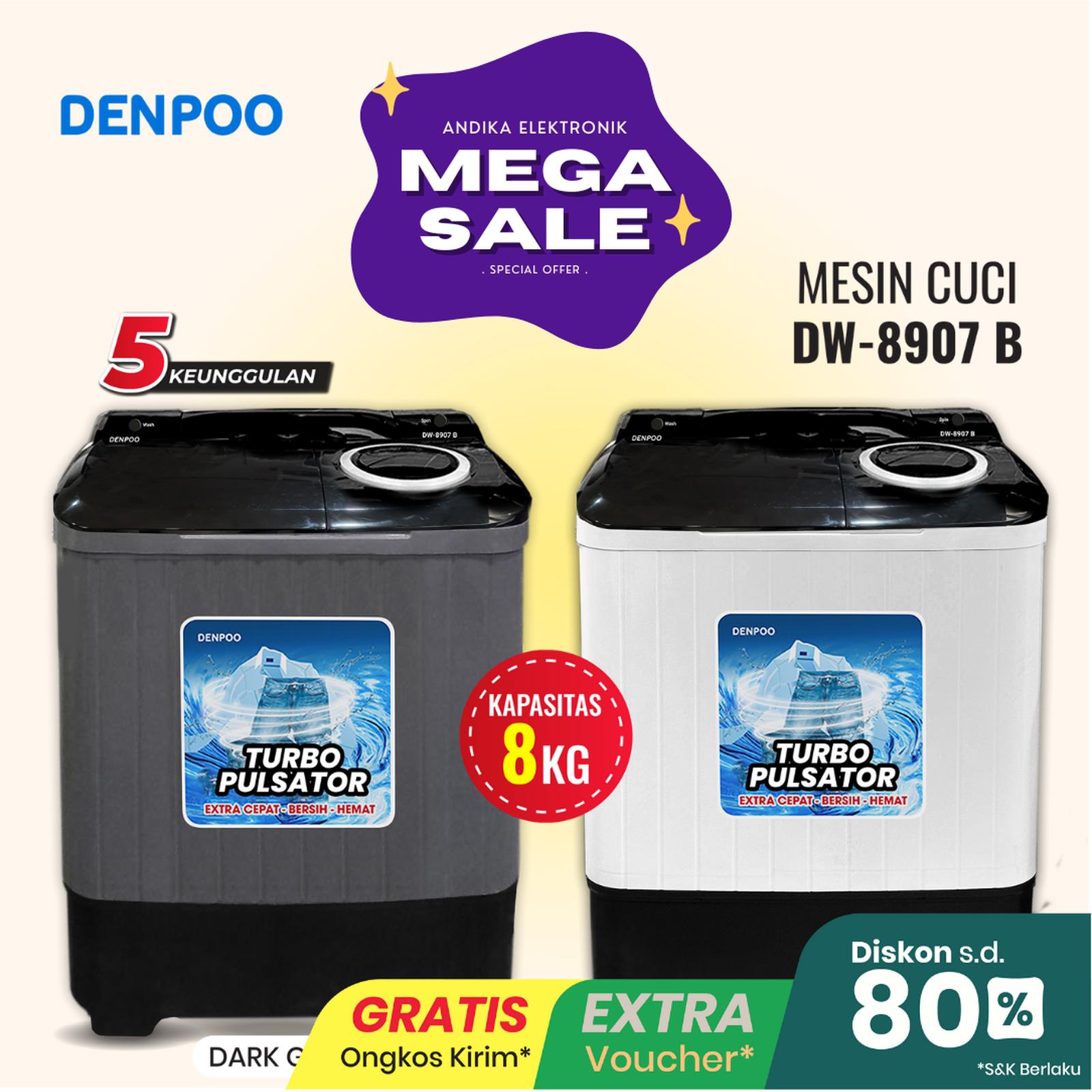 Mesin Cuci Twin Tub Denpoo DW 8907B Putih Kapasitas 8 Kg 4 Pulsator — Elektronik
