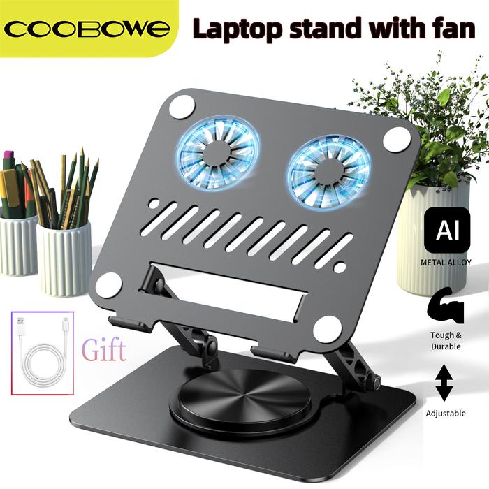 Dudukan Laptop COOBWE LS19 Aluminium dengan Kipas Pendingin, Putar 360 Derajat — Komputer & Laptop