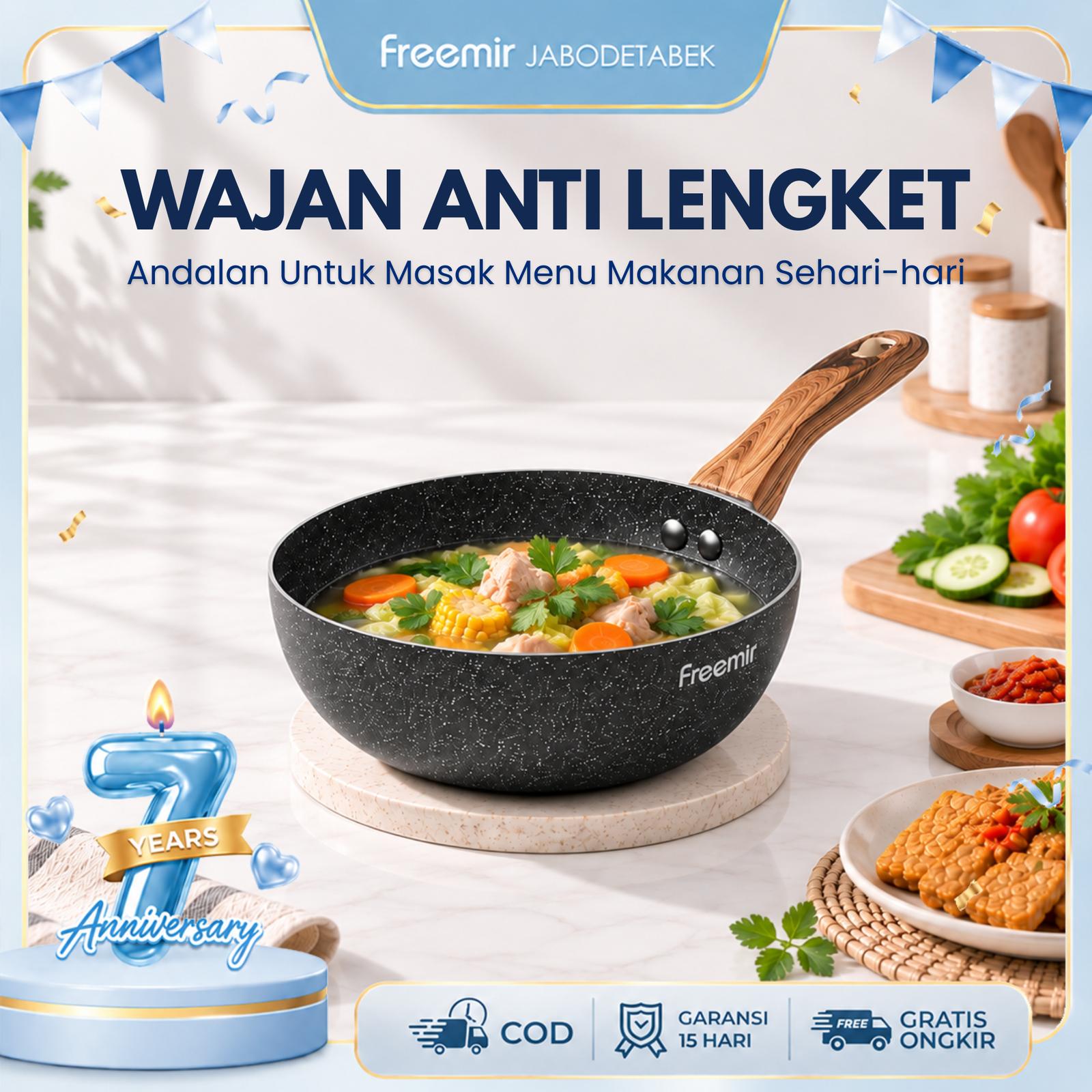 Wajan Anti Lengket Freemir 20cm Granit Coating Gagang Kayu — Dapur