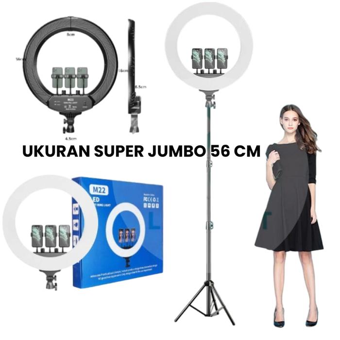 Ring Light 56cm Jumbo + Tripod 2,1M dengan 3 Holder HP dan Remot — Handphone & Tablet